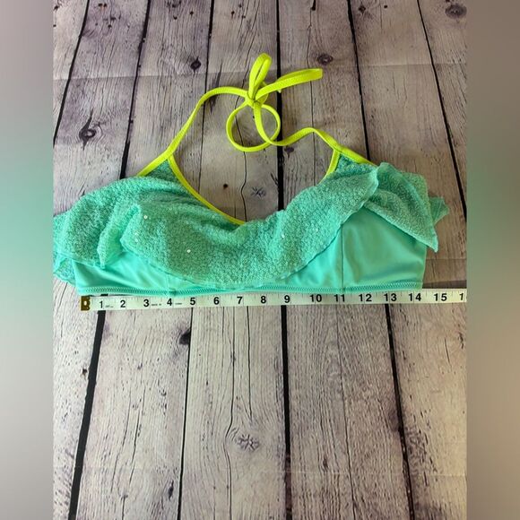 Victoria's Secret Bikini TOP Halter Aqua Green Sequins Neon Chartreuse Trim L - Picture 6 of 6